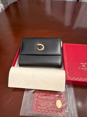 Cartier Black Leather Card Holder with Gold Crescent Accent